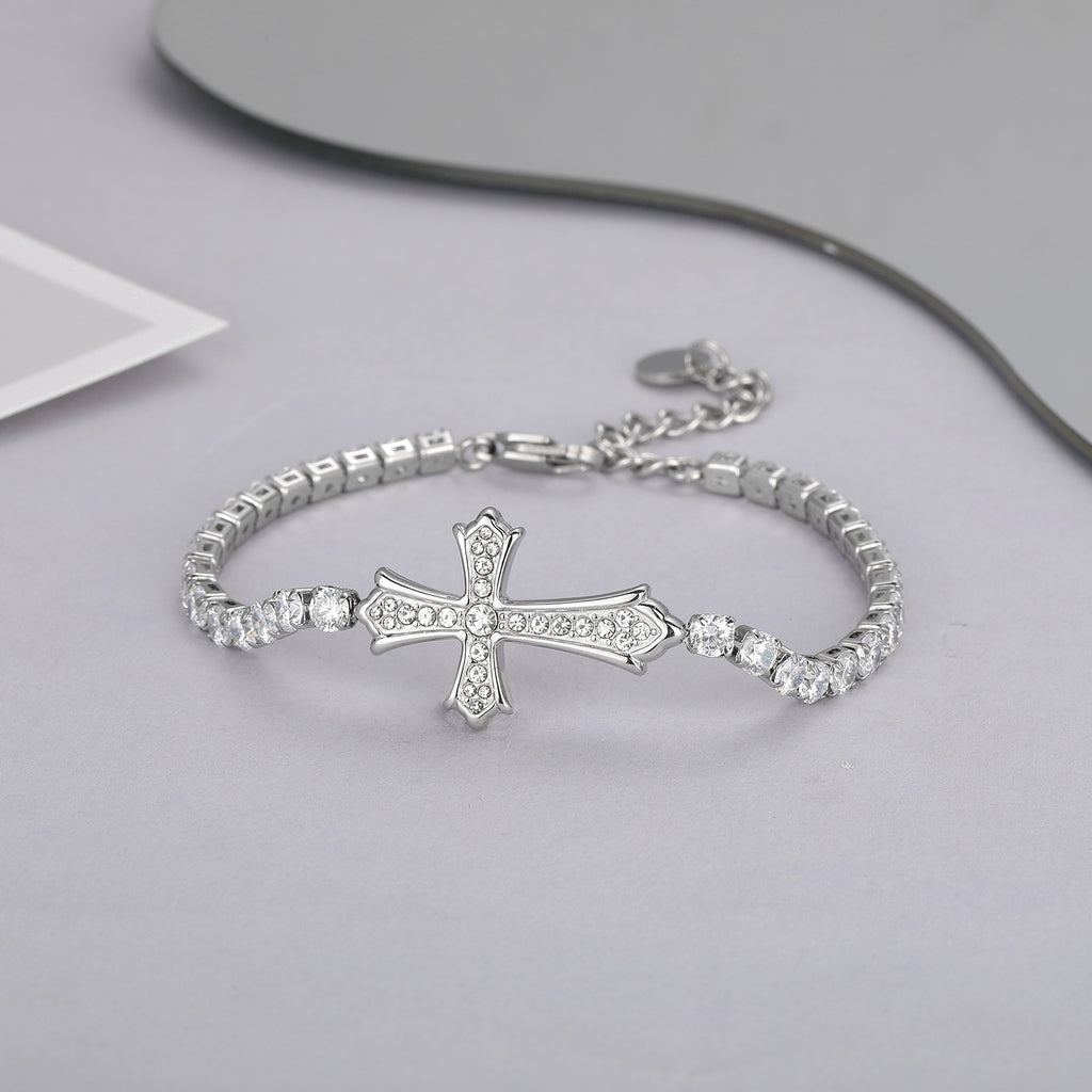 Sparkly Full Zircon Cross Titanium Steel Fadeless Chain Bracelet