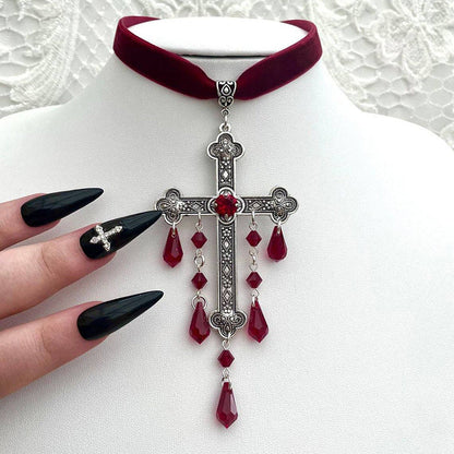 Gothic Blood Drop Tassel Cross Velvet Necklace