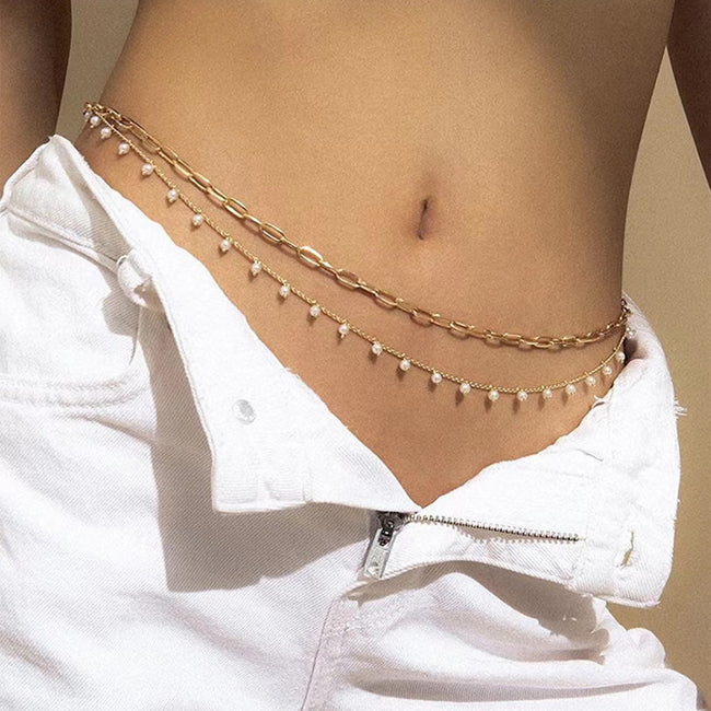 Faux Pearl Tassel Double Layer Cross Waist Chain Main image