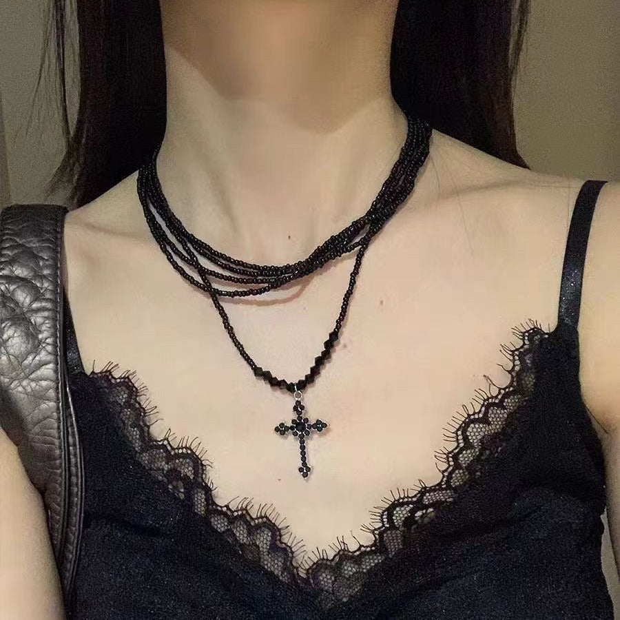 Dark Princess Cross Layered Beaded Personality Necklace