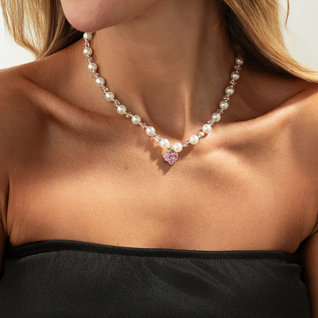 Crystal Heart Pearl Bead Choker Necklace Main image