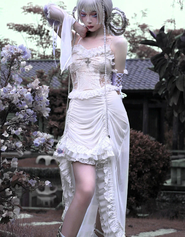 White Gothic Rope Lace Flying Sleeve Stiletto Strap Asymmetric Light Lolita Summer Party Evening