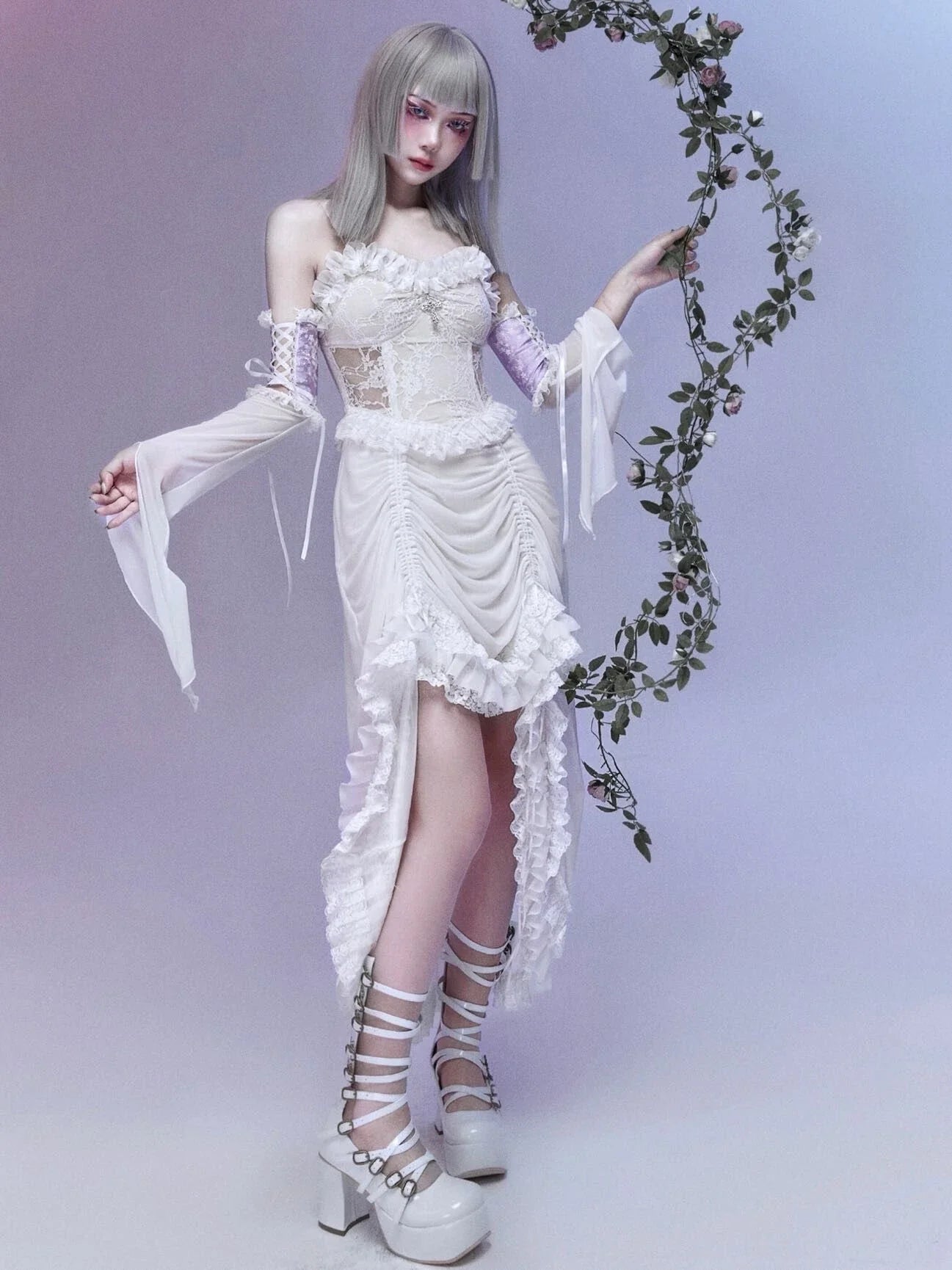 White Gothic Rope Lace Flying Sleeve Stiletto Strap Asymmetric Light Lolita Summer Party Evening