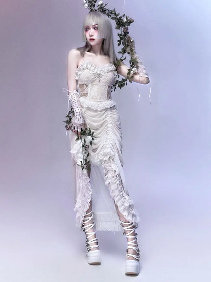 White Gothic Rope Lace Flying Sleeve Stiletto Strap Asymmetric Light Lolita Summer Party Evening