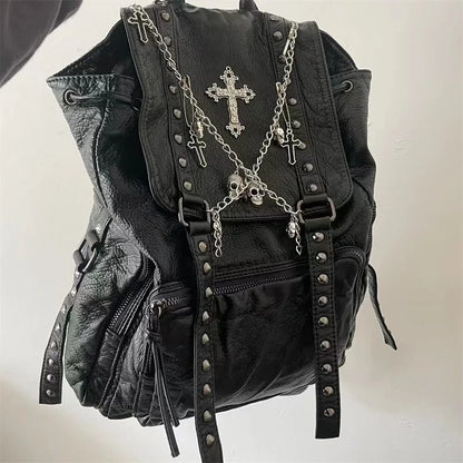 Y2K Girls Soft Leather Skull Cross Chain Korean Style Gothic Backpack Bag