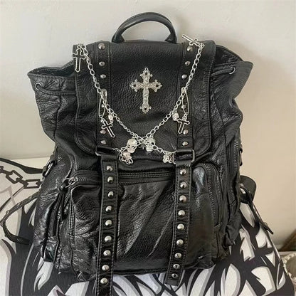 Y2K Girls Soft Leather Skull Cross Chain Korean Style Gothic Backpack Bag