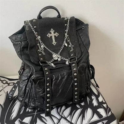 Y2K Girls Soft Leather Skull Cross Chain Korean Style Gothic Backpack Bag