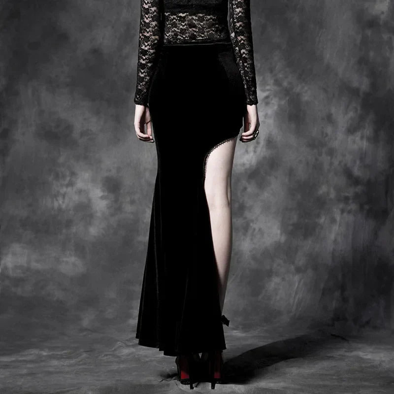 Gothic Asymmetric Black Split Maxi Embroidery Long Cheongsam Sexy Style Velvet Skirt