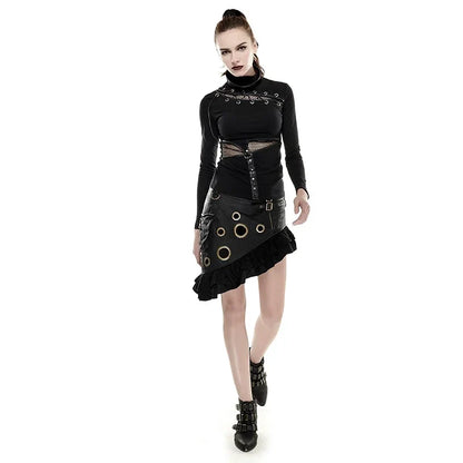 Steam Flounce Kilt Texture Coarse-grain PU Leather Symmetrical Rock Vintage Knee Length Party