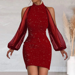 Women’s Cocktail Glitter Sparkly Sequin Spaghetti Strap Nightclub Formal Evening Prom Dress RED / S