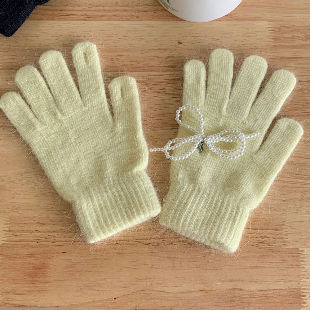 Pearl Bow Knot Winter Wool Furry Thickened Warm Soft Y2K Lolita Cosplay Christmas Gloves Gloves-L