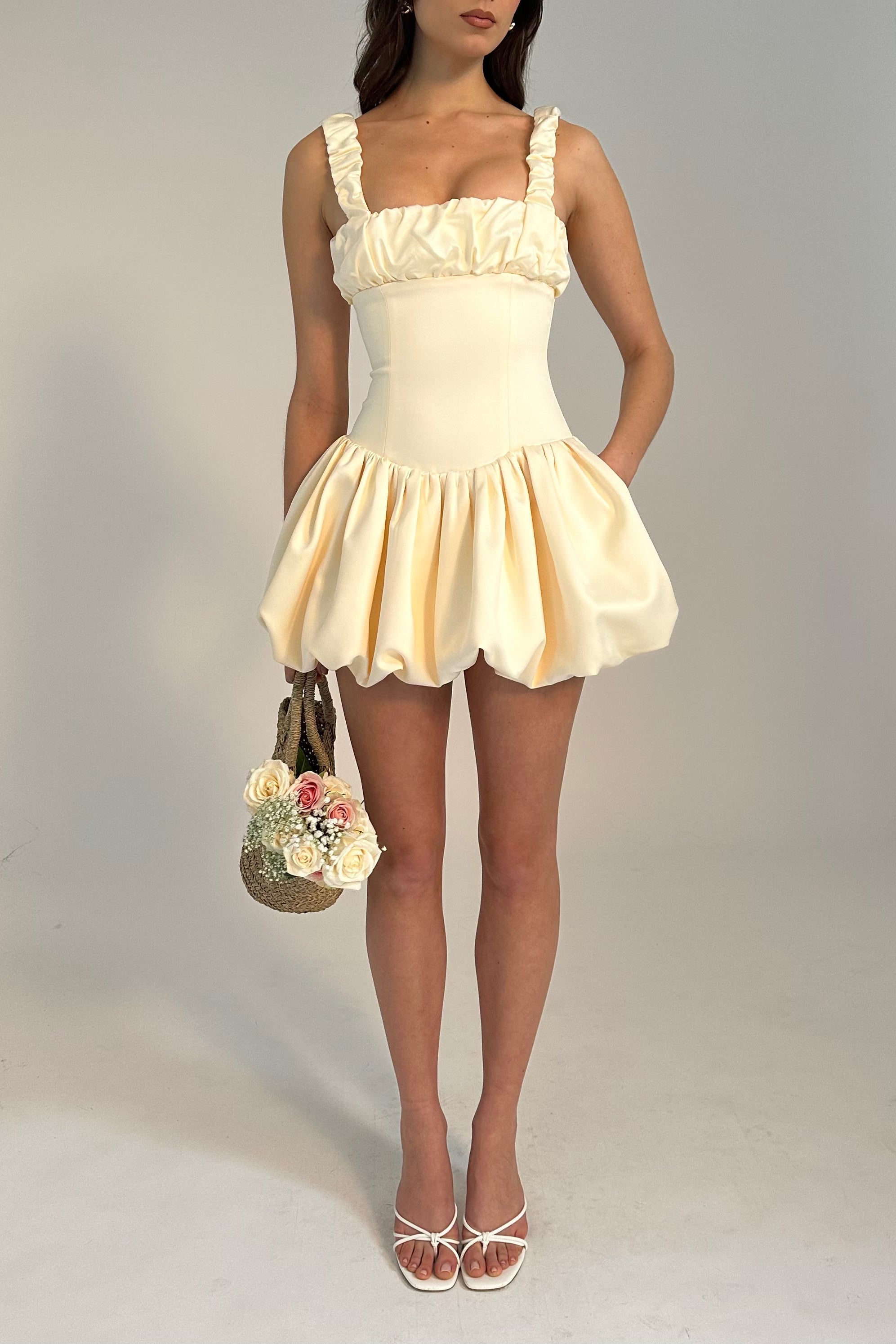 Aubrey Egg White Satin Graceful Bubble Hem Mini Dress Secondary image