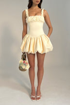 Aubrey Egg White Satin Graceful Bubble Hem Mini Dress XS / US 2 Dresses