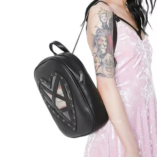 Punk Hollow Gothic Cosplay Leather PU Out Pentacle Black Heart Rock Bag