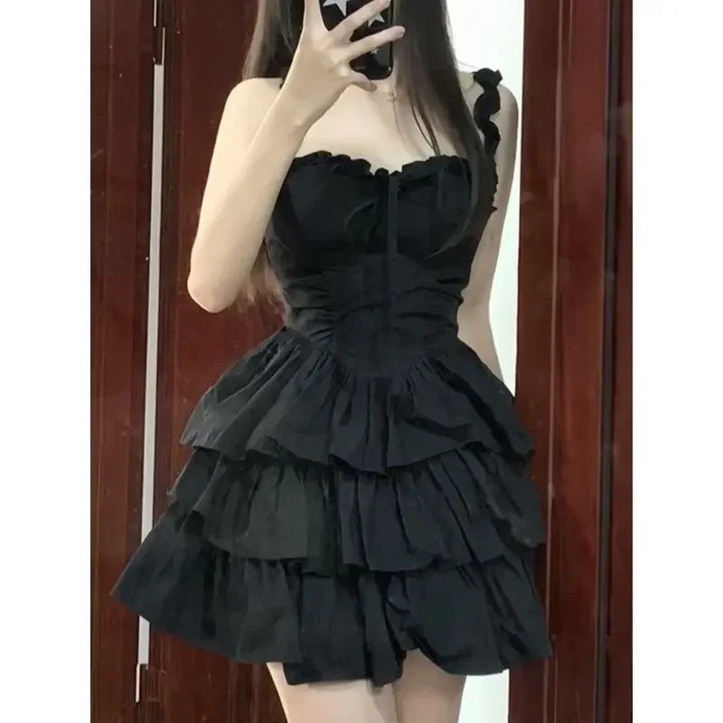 Hrajuku Goth Cute Fashion Lolita Party Ruffles Cake Y2K Black Soft Coquette Short Girl 2024 Kawaii Dress