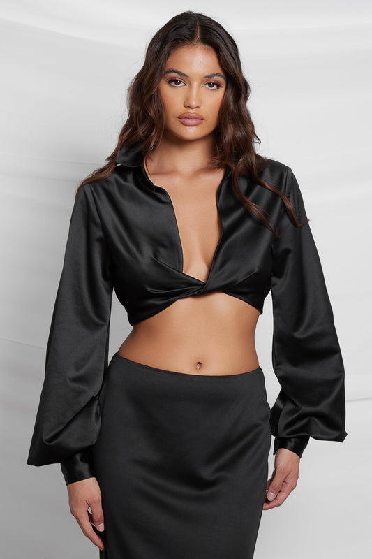 Seraphina Satin Plunge Trendy Crop Top - Black