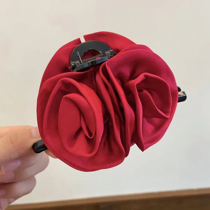 Elegant High-Grade Satin Rose Large Christmas Hair Accessory