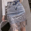 Sequins Patchwork Embroidery Fringe Mini Denim Skirt Light Blue / S