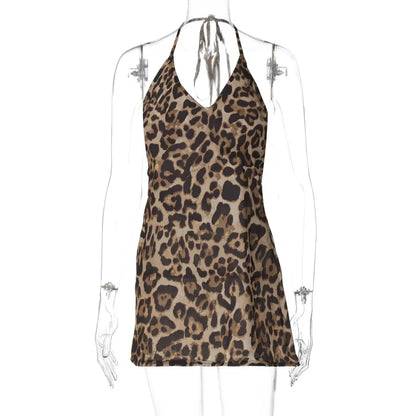 Sexy Backless Hanging Neck Summer Women's 2024 New Transparent Leopard Print Mini Dress