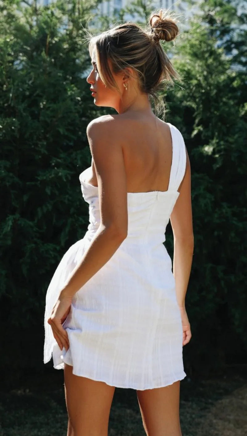 Sexy Backless Dress for Summer Women’s 2024 New Slant Neck Zipper Solid High Waist Lace up Irregular Hem Mini Dress