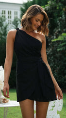Sexy Backless Dress for Summer Women’s 2024 New Slant Neck Zipper Solid High Waist Lace up Irregular Hem Mini Dress