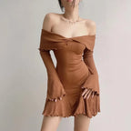 Sexy Black Autumn Strapless Off Shoulder Knitting Mini Club Party A Line Dress
