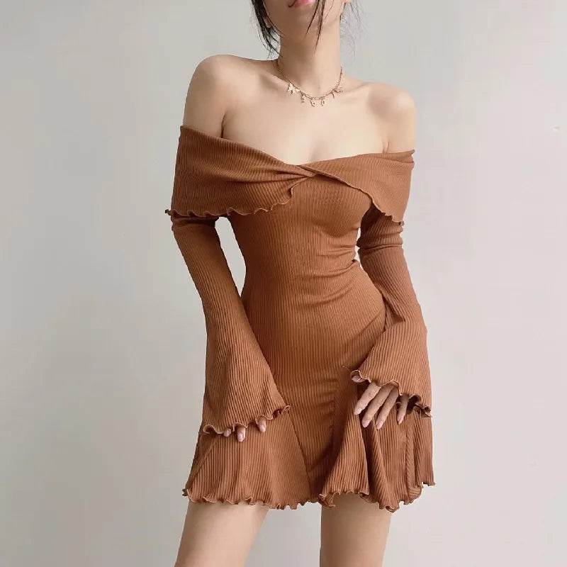 Sexy Black Autumn Strapless Off Shoulder Knitting Mini Club Party A Line Dress