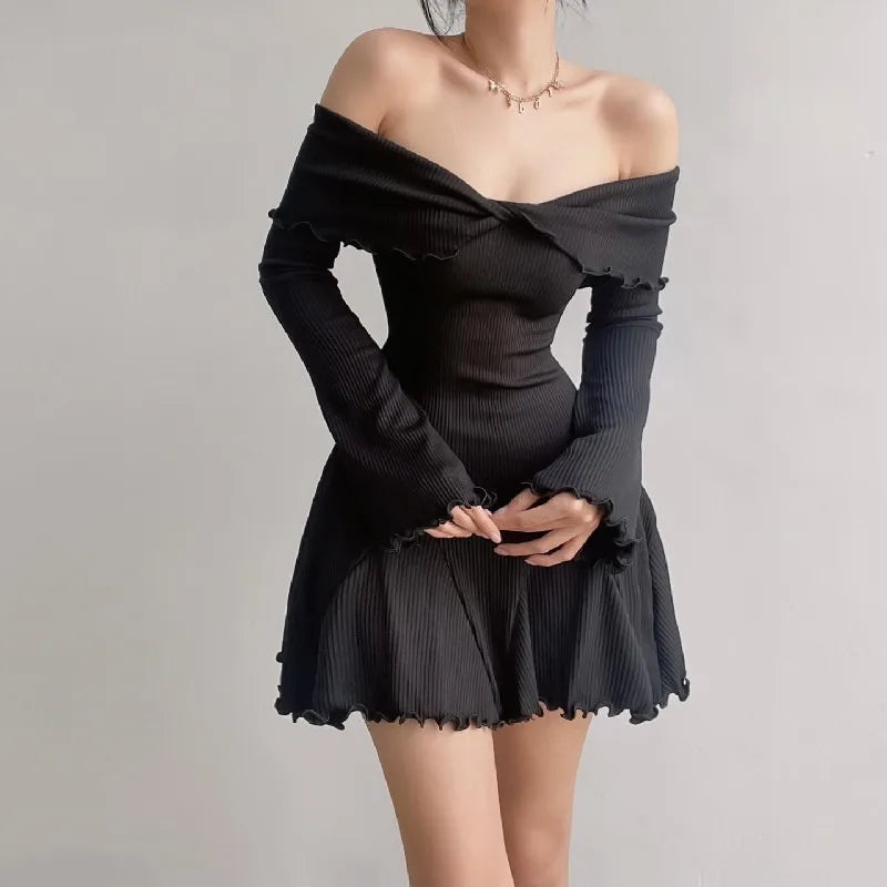 Sexy Black Autumn Strapless Off Shoulder Knitting Mini Club Party A Line Dress