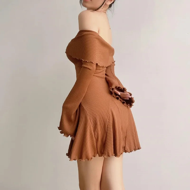 Sexy Black Autumn Strapless Off Shoulder Knitting Mini Club Party A Line Dress