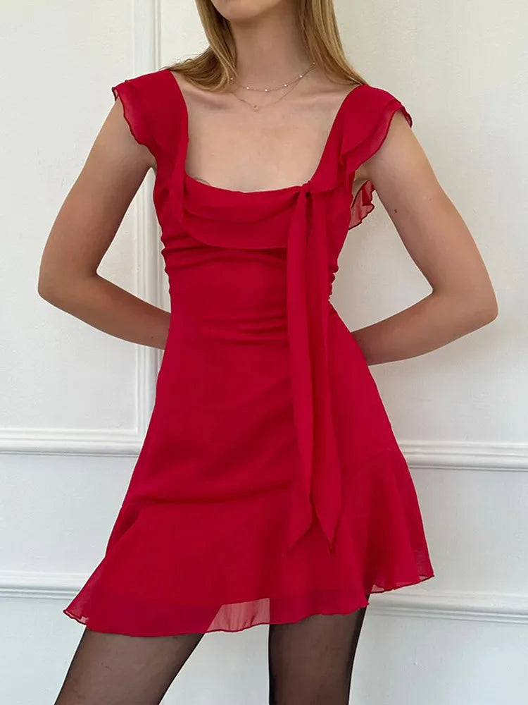 Sexy Chic Solid Dress Summer Women’s 2024 New French Ribbon Skinny Sleeveless Sexy Backless High Waist A line Mini Dress
