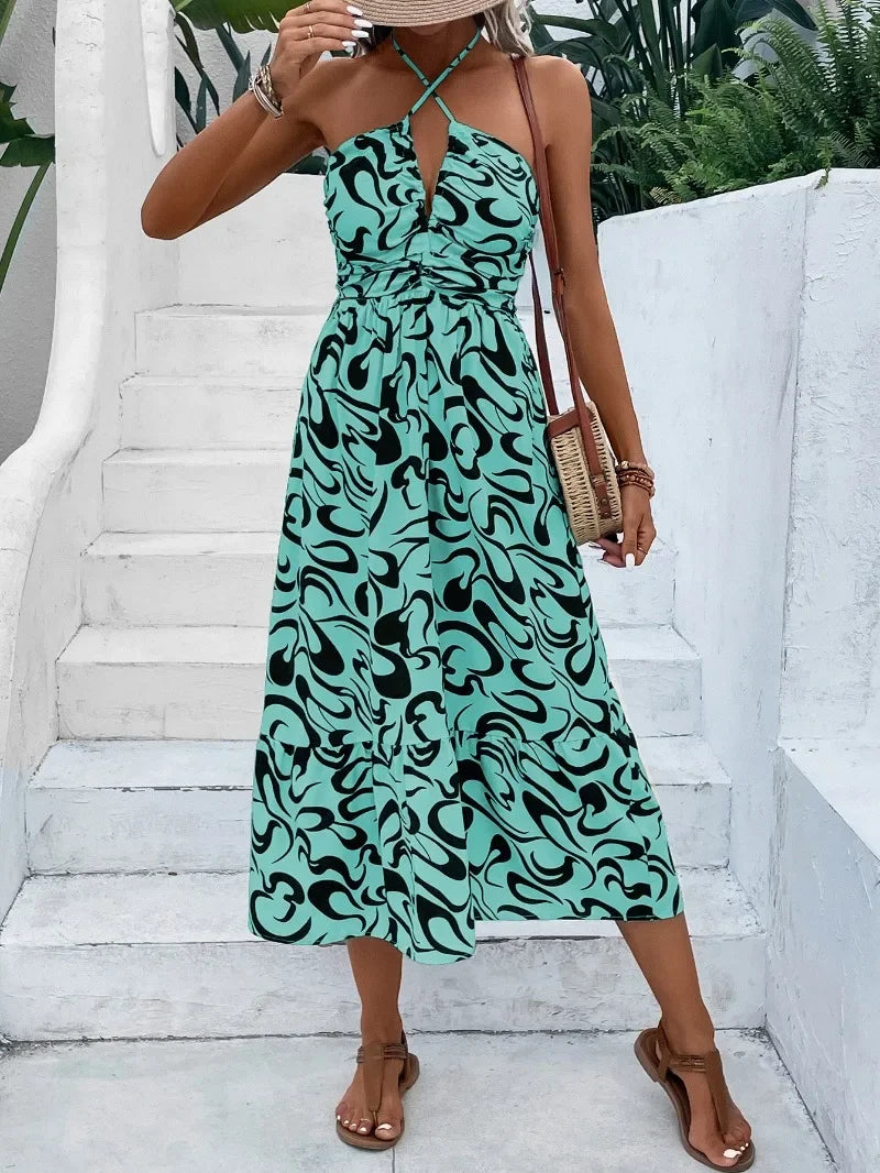 Sexy Cross Neck Zip Chic Stripe High Waist A-line Midi Dress