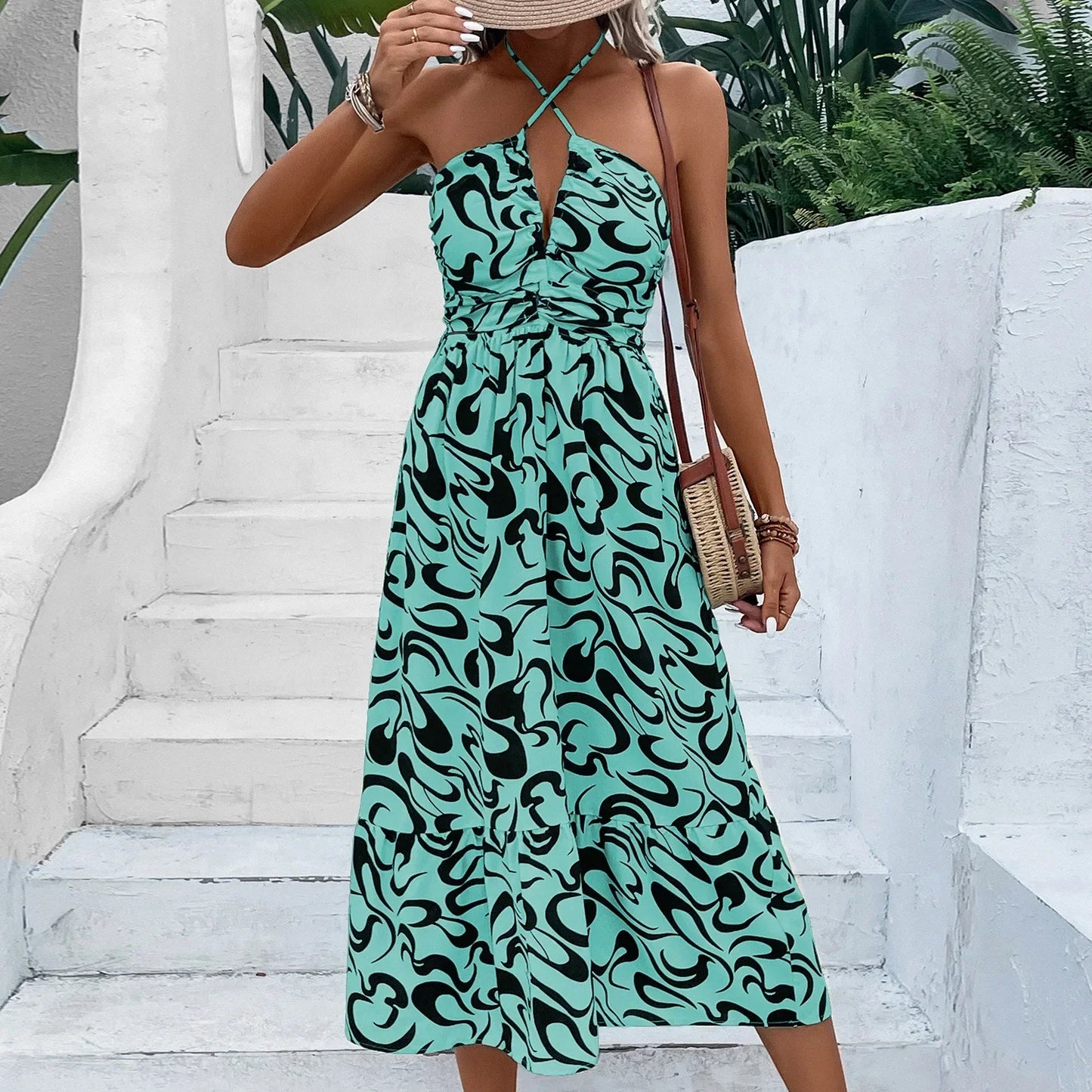 Sexy Cross Neck Zip Chic Stripe High Waist A-line Midi Dress