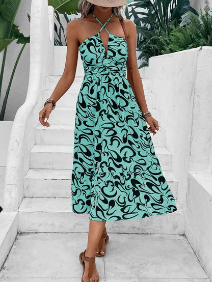 Sexy Cross Neck Zip Chic Stripe High Waist A-line Midi Dress