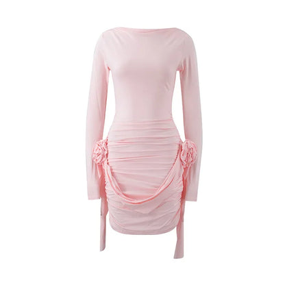 Sexy Spring and Summer Women's 2024 New Solid Flower Lace up Long-Sleeves Pleated Mini Dress