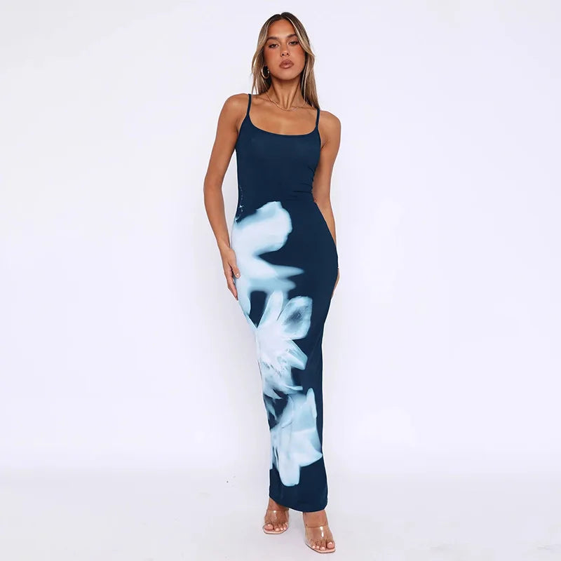 Sexy Spaghetti Strap Floral Printed Summer Casual Slip Backless Bodycon Slim Long Sundress