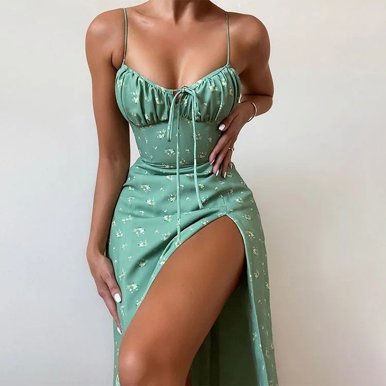 Sexy Strapless Lace-up High Waist Flower Print Split Midi Dress