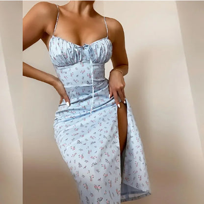 Sexy Strapless Lace-up High Waist Flower Print Split Midi Dress