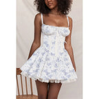 Sexy Strapless Sling Dress for Summer Women’s 2024 NEW Lace up High Waist Lace floral print A line Mini Dress blue