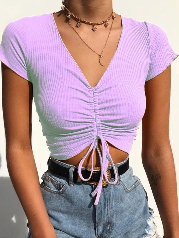 V Neck Tie Up Ribbed Crop Top