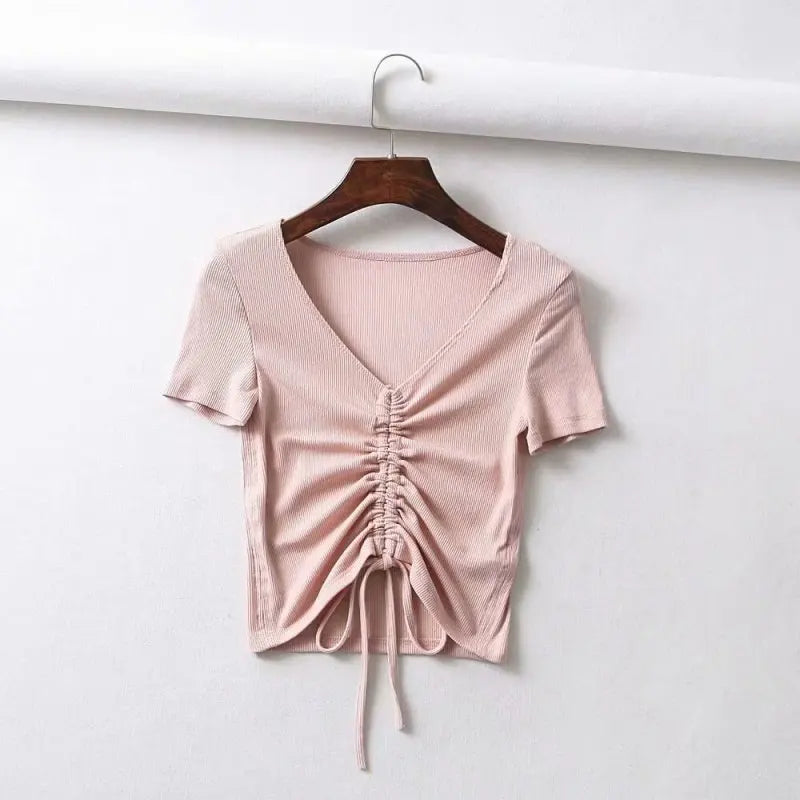 V Neck Tie Up Ribbed Crop Top