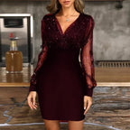 Sexy V neck Mesh Long Sleeved Sequined Summer Women’s 2024 New High Waist Solid Skinny Mini Dress Burgundy / S