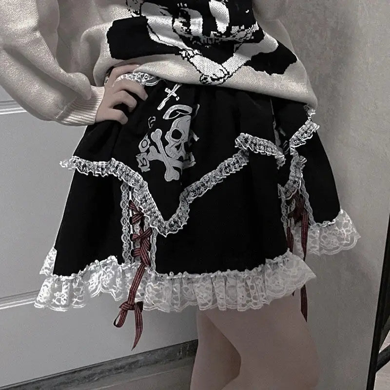 Short Girls Dress Cosplay Subculture Y2k Lace Skeleton Gothic Black High Waist Layered Skirt