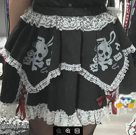 Short Girls Dress Cosplay Subculture Y2k Lace Skeleton Gothic Black High Waist Layered Skirt