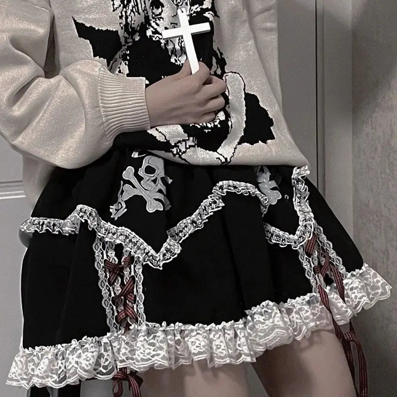 Short Girls Dress Cosplay Subculture Y2k Lace Skeleton Gothic Black High Waist Layered Skirt