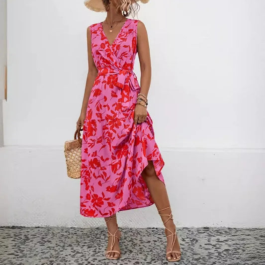 Skinny Elegant Floral V-neck Sleeveless High Waist A-line Midi Dress