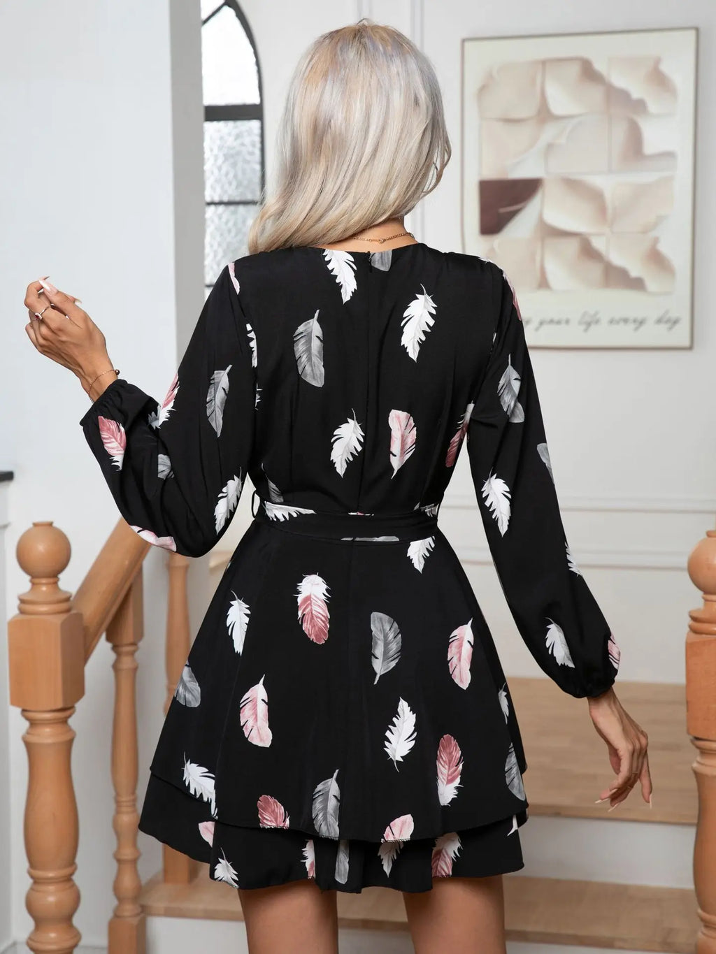 Skinny Feather Printed V neck for Women New 2024 Mini Dress Black / S