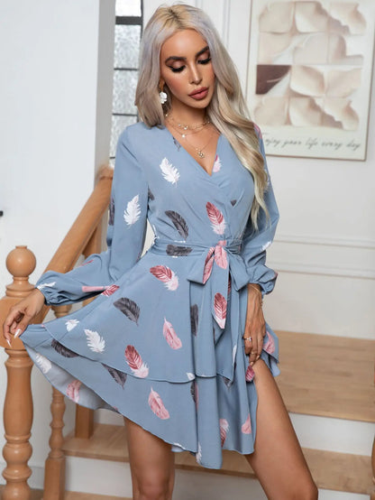 Skinny Feather Printed V-neck for Women New 2024 Mini Dress