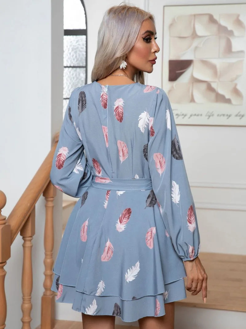 Skinny Feather Printed V neck for Women New 2024 Mini Dress