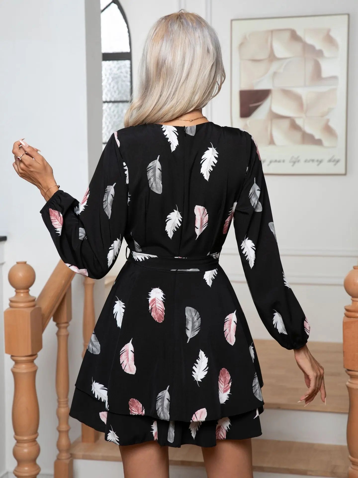 Skinny Feather Printed V neck for Women New 2024 Mini Dress Black / S