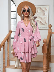 Skinny Feather Printed V neck for Women New 2024 Mini Dress